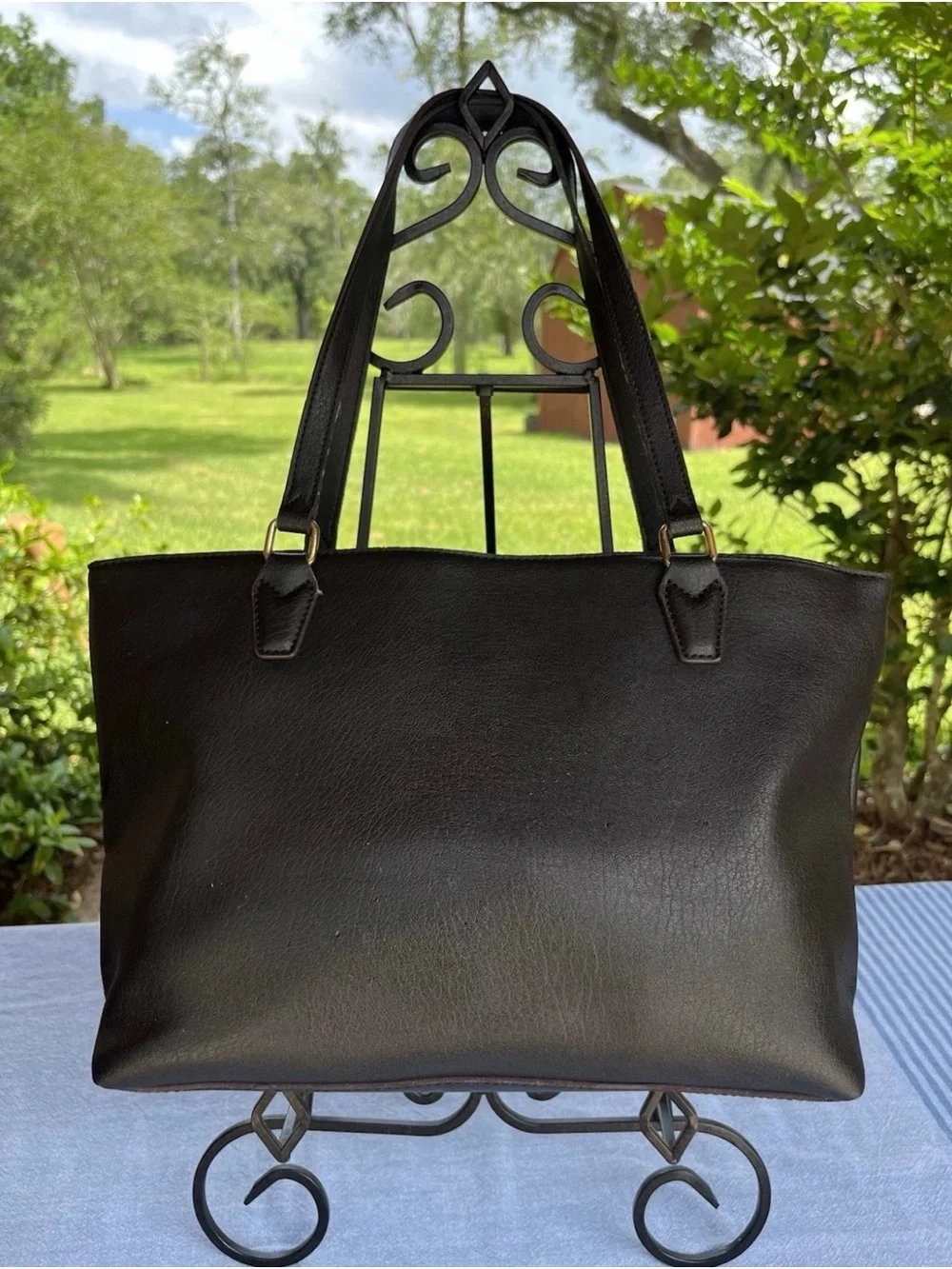 Liz Claiborne “Jessica” Black Leather Shoulder Tote with Gold Hardware